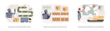 Yapay zeka lojistik konsept vektör çizimi seti. Çevre dostu Eko-Arkadaş Zinciri, Öngörü Envanter Analizi, Geliştirilmiş Ulaşım Yönetimi soyut metaforu.