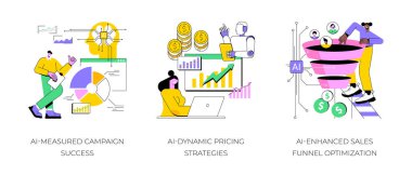 AI soyut konsept vektör illüstrasyon setiyle pazarlama ve reklamcılık. El-Ölçülü Kampanya Başarı, El-Dinamik Fiyatlandırma Stratejileri, Geliştirilmiş Satış hunisi Eniyileştirici Metafor.