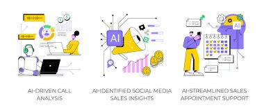 AI-Backed sales strategies abstract concept vector illustration set. AI-Driven Call Analysis, AI-Identified Social Media Sales Insights, AI-Streamlined Sales Appointment Support abstract metaphor. clipart