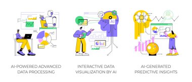 Yapay Güçlendirilmiş Veri Analizi, soyut konsept vektör çizimi. Yapay Zeka Gelişmiş Veri İşleme, Yapay Zeka 'nın Etkileşimli Veri Görselleştirmesi, Yapay Zeka Öngörüsü soyut metaforu.