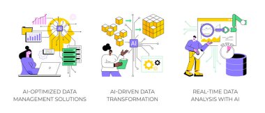 Veri analizindeki yapay zeka teknolojisi soyut konsept vektör çizimi seti. AI-optimize Veri Yönetimi Çözümleri, AI-Sürülen Veri Dönüşümü, Yapay Zeka soyut metaforu ile Gerçek-Zaman Veri Analizi.