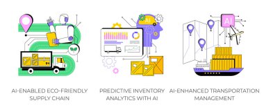 AI logistics abstract concept vector illustration set. AI-Enabled Eco-Friendly Supply Chain, Predictive Inventory Analytics, AI-Enhanced Transportation Management abstract metaphor. clipart