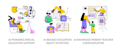 AI Technology in Education abstract concept vector illustration set. AI-Powered Special Education Support, AI-Backed Education Equity Initiatives, Parent-Teacher Communication abstract metaphor. clipart