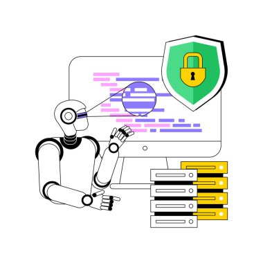 Geliştirilmiş Tehdit Tespiti soyut konsept vektör çizimi. Siber güvenlik. Gerçek zamanlı koruma için yapay zeka algoritmalarıyla siber tehditleri tanımla. AI Teknoloji. soyut metafor.