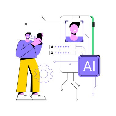 El-Akımlı Kimlik Doğrulama soyut konsept vektör çizimi. Siber güvenlik. Kimlik doğrulama işlemleri, yapay zeka biyometrisi kullanılarak güvenli erişim. AI Teknoloji. soyut metafor.