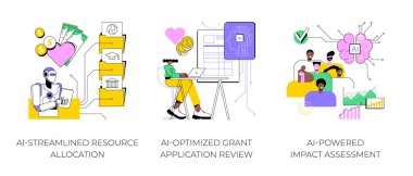 AI in Nonprofit and Social Impact abstract concept vector illustration set. AI-Streamlined Resource Allocation, AI-Optimized Grant Application Review, AI-Powered Impact Assessment abstract metaphor. clipart