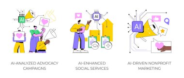 AI in volunteer organizations abstract concept vector illustration set. AI-Analyzed Advocacy Campaigns, AI-Enhanced Social Services, AI-Driven Nonprofit Marketing abstract metaphor. clipart