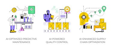 Yapay zeka, soyut konsept vektör çizimi setinde. El-İyimser Öngörü Bakımı, El-Güç Kalite Kontrolü, Tedarik Zinciri İyimserleştirmesi, Soyut tahmin metaforu.