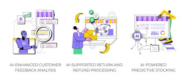 AI Technology soyut konsept vektör illüstrasyon setiyle online alışveriş. Gelişmiş Müşteri Geribildirim Analizi, Yapay Desteklenen Dönüş ve Geri Dönüşler, Öngörülebilir Stoklama soyut metaforu.