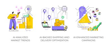 E-ticaret teknolojisi soyut konsept vektör illüstrasyonu seti. El-Analiz Edilmiş Piyasa Eğilimleri, El-Destekli Nakliye ve Teslimat İyimserleştirme, El-Geliştirilmiş Pazarlama Kampanyaları soyut mecazlar.
