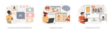 Entertainment soyut konsept vektör illüstrasyon setinde yapay zeka. Gelişmiş İçerik Tavsiyesi, İzleme Tarihi, El Yapımı İçerik, El İyimser Canlı Etkinlikler, Bilet satışları soyut metaforu.