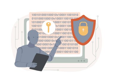 Al-Desteklenen Şifreleme soyut konsept vektör çizimi. Siber güvenlik. Veri güvenliği ve mahremiyet için yapay zeka teknolojisini kullanarak şifreleme yöntemlerini optimize et. soyut metafor.