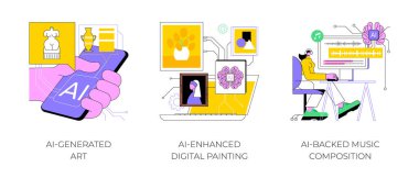 Sanat ve Yaratıcılık 'taki yapay zeka soyut konsept vektör çizimi. Yapay zeka ürünü sanat, eşsiz tasarım ve stil, AI-Geliştirilmiş Dijital Araç Boyama, Yapay Destekli Müzik Bileşimi soyut metaforu.