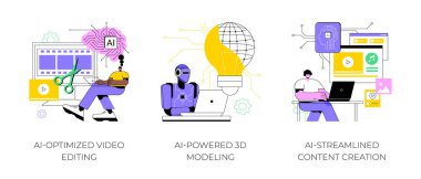 Sanat ve Yaratıcılık dalında yapay zeka teknolojisi soyut konsept vektör çizimi seti. Yapay zeka tabanlı video düzenleme, 3 boyutlu modelleme ve animasyon, Al-Streamped Content Creation soyut metafor.
