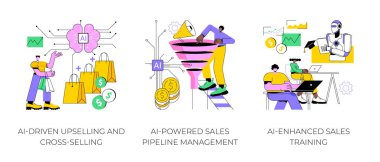 Satıştaki Yapay Zeka soyut konsept vektör çizimi seti. AI-Driven Upsale ve Cross-Selling, El-Güç Satış Boru Hattı Yönetimi, El-Geliştirilmiş Satış Eğitimi soyut metaforu.