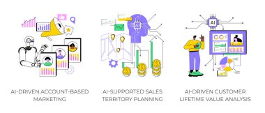 Satış stratejilerinde yapay zeka soyut konsept vektör illüstrasyon seti. Al-Driven Hesap Bazlı Pazarlama, El-Destekli Satış Bölgesi Planlama, El-Sürücü Müşteri Ömür Boyu Değeri Analizi Soyut Benzetmesi.