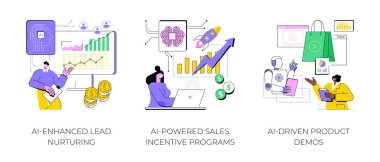 Satış ekipleri için Yapay Zeka soyut konsept vektör çizimi seti. AI-Geliştirilmiş Kurşun Yetiştirme, El-Güç Satış Teşvik Programları, El-Sürücü Ürün Demoları soyut metafor.