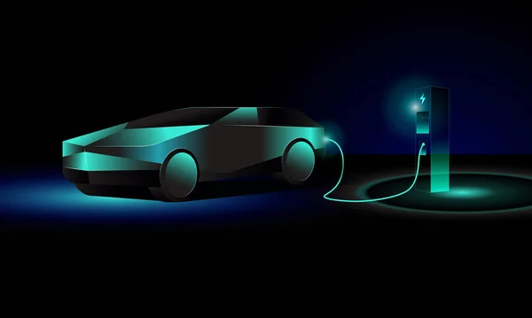 Electric car at charging station. Electric car silhouette with green glowing on dark background. EV concept.
