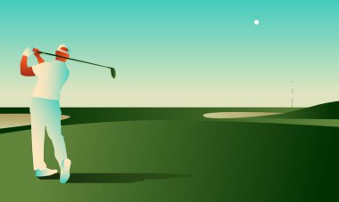 Golf kulübü yarışması posteri. Golf yarışması ya da şampiyonluk maçı için şablon. Mavi gökyüzü ve yeşil golf sahası.
