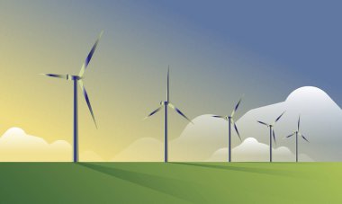 Rüzgar türbini enerji üreticileri rüzgar çiftliğinde, altında güneş panelleri var..
