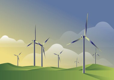 Rüzgar türbini enerji üreticileri rüzgar çiftliğinde, altında güneş panelleri var..