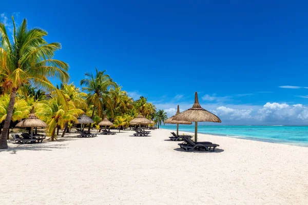 stock image Tropical beach. Beach umbrellas in tropical beach with palm trees and tropical sea in Paradise Mauritius island.