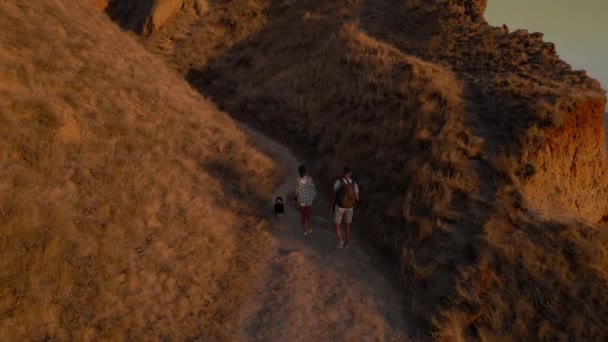 Günbatımında Çift Galli Corgi Köpeğiyle Birlikte Kanyonda Yürür Güzel Neşeli — Stok video