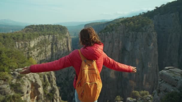 Női Turista Visel Piros Kabát Hátizsák Álló Felemelt Kézzel Grand — Stock videók