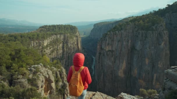Tazy Kanyonu Bak Kız Ayakta Duruyor Dağlardaki Çarpıcı Manzaraya Hayran — Stok video