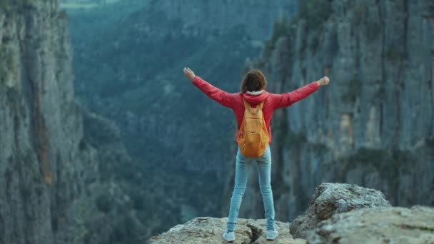 Žena Turista Cestovatel Zvedl Ruce Cestování Zdravý Životní Styl Aktivní — Stock video