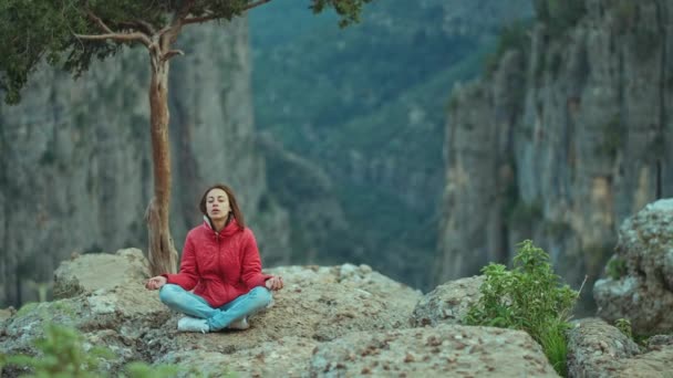 Mladá Turistka Žena Meditující Vrcholu Hory Zen Jóga Meditace Praxe — Stock video