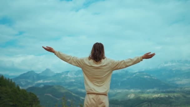 Rear View Inspired Woman Standing Outdoors Mountains Background Rising Her — Stock Video