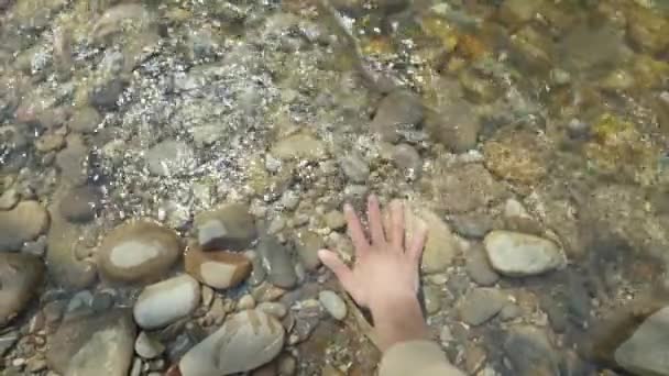 動きの遅い女の手を閉じてください山の川から手のひらで新鮮な冷たいきれいな水を取ります 広角ビュー ヤシに焦点を当てます 清潔で安全環境の概念 水資源地球環境 — ストック動画