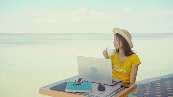 Nainen Freelancer Käyttäen Kannettavaa Tietokonetta Rannalla Meritse Kädet Kirjoittamalla Tekstiä — kuvapankkivideo