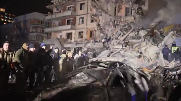 Storey Residential Building Destroyed Massive Russian Missile Attack Work Rescuers — Stock Video