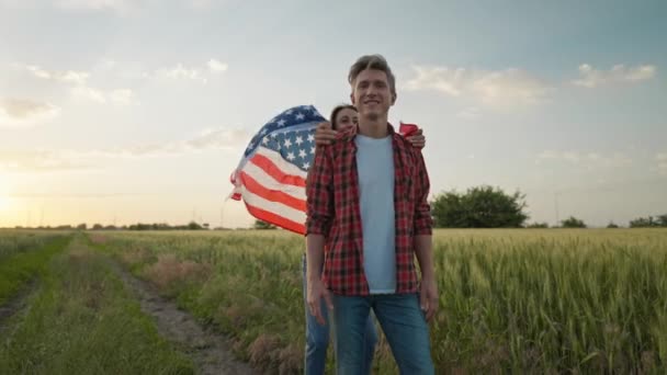 Slow Motion Happy Patriotic Couple Celebrating Fourth July National Flag — Stock Video