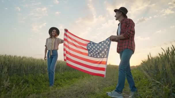 Slow Motion Happy Patriotic Couple Celebrating Fourth July National Flag — Stock video