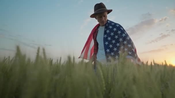 Чоловік Ходить Американським Прапором Липня День Незалежності Камера Огляду Повільним — стокове відео