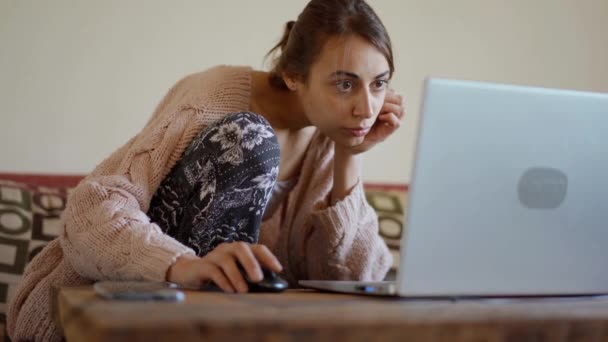 Woman Sits Home Couch Laptop Working Remotely Shopping Online Freelancer — Video