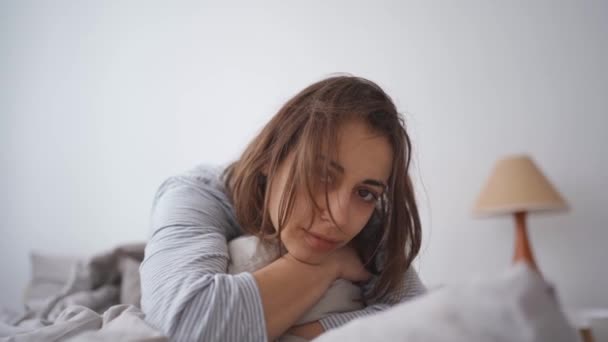 Young Woman Lies Alone Bed Home Cold Sick Illness Cold — 图库视频影像