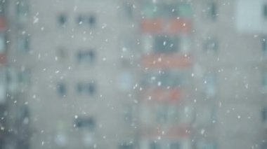 abstract winter scene with flying snowflakes on background of houses at clear winter day
