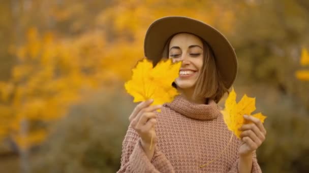Autumn Portrait Beautiful Smiling Woman Wearing Wrown Dress Sweater Hat — Vídeos de Stock