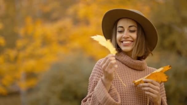 Autumn Portrait Beautiful Smiling Woman Wearing Wrown Dress Sweater Hat — Video