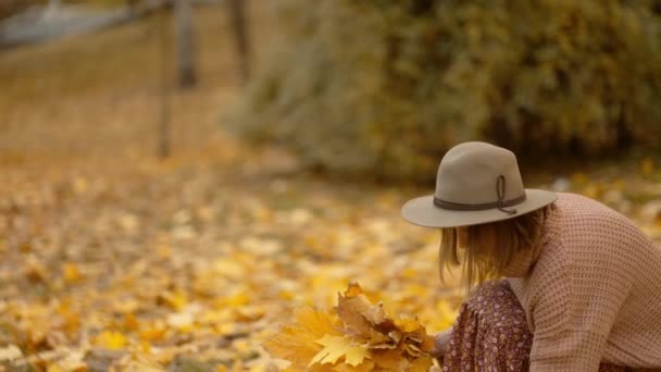 Slow Motion Autumn Portrait Attractive Smiling Woman Wearing Brown Dress — Stok video