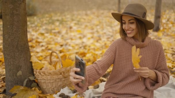 Pretty Young Brunette Woman Hat Sits Autumn Park Yellow Foliage — Vídeos de Stock