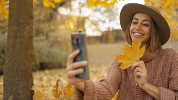 Pretty Young Brunette Woman Hat Sits Autumn Park Yellow Foliage — Stockvideo