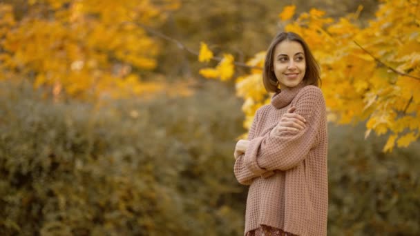 Stunning Young Brunette Woman Autumn Forest Yellow Foliage Stylish Attractive — kuvapankkivideo