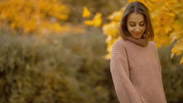 Stunning Young Brunette Woman Autumn Forest Yellow Foliage Stylish Attractive — Stok video