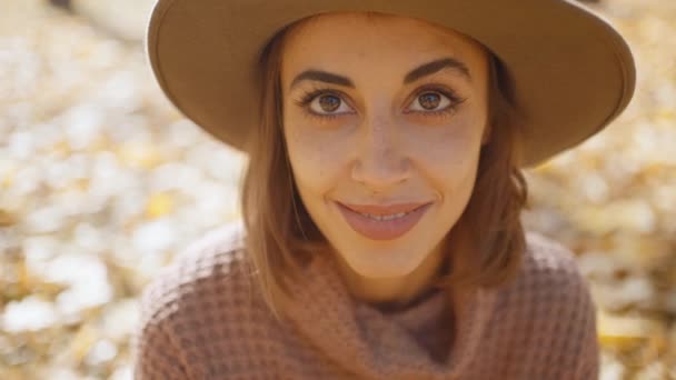 Close Autumn Portrait Charming Smiling Brunette Woman Brown Dress Sweater — Wideo stockowe