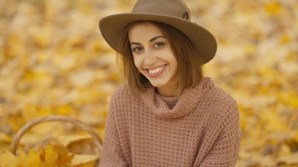 Parlak Sonbahar Parkında Sarı Yapraklı Piknikteki Neşeli Esmer Kadının Yavaş — Stok video